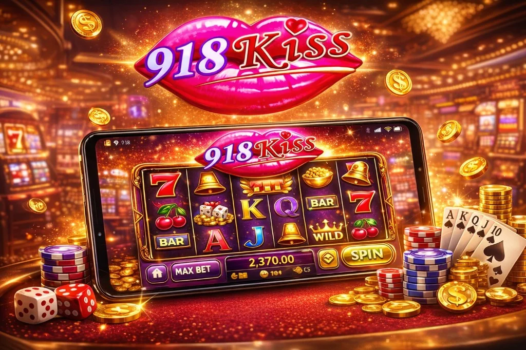 彩金风 918Kiss 主视觉：手机界面老虎机、筹码、骰子与金币，代表 A66 马来西亚 918Kiss 内容