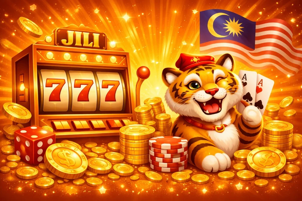 Mesin slot JILI dengan kemenangan 777, syiling emas, bendera Malaysia dan maskot harimau meraikan permainan slot di A66 Malaysia